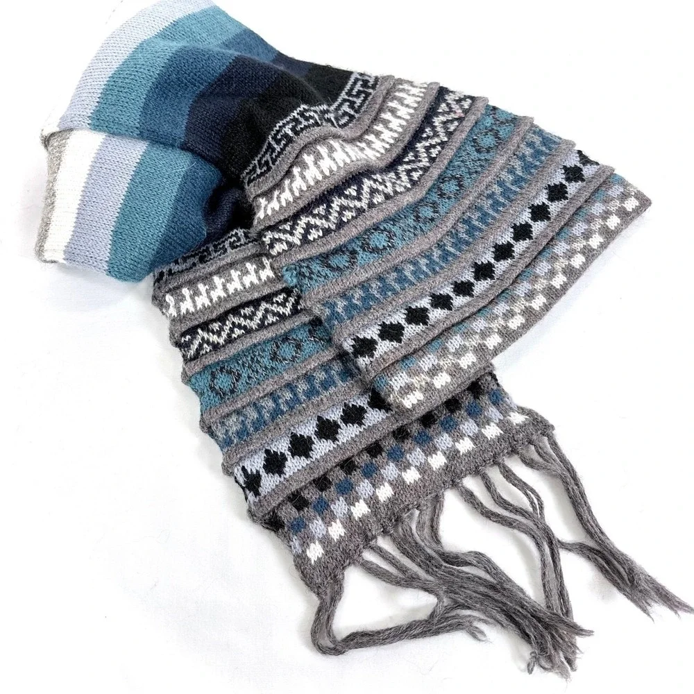 Hand‎ Knit Alpaca Wool Blend Fair Isle Beanie and Scarf in One Blue Grey